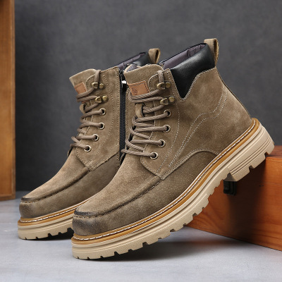 冬季户外机车马丁靴子男真皮厚底加绒保暖工装靴男士拉链经典短靴