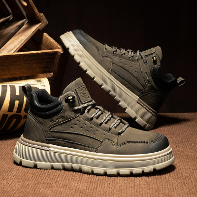 透气超纤工装板鞋中帮厚底休闲马丁靴子男士秋冬冷粘品质男鞋增高