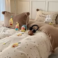 卡通毛巾绣牛奶绒床上四件套加厚毛球款被套珊瑚绒床单床品三件套