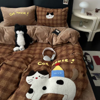 ins卡通牛奶绒毛巾绣四件套冬季毛绒珊瑚绒被套床单宿舍三件套