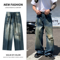 一字割破磨白牛仔裤男独特宽松AC潮款灼烧牛仔长裤男炒盐水洗潮牌