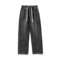 出口宽松直筒港风牛仔裤男基础款百搭多色松紧腰男士水洗拖地裤子