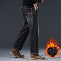 宽松男士高端休闲长裤加绒牛仔裤男士新款直筒裤子商务爸爸裤