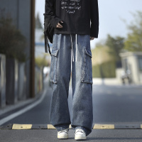 宽松直筒港风牛仔工装裤男百搭多色松紧水洗拖地裤垂感学生潮男装