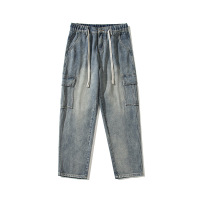 宽松直筒港风牛仔裤男基础款百搭多色松紧水洗拖地牛仔裤男生