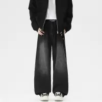 宽松直筒港风牛仔裤男基础款百搭多色松紧水洗拖地裤垂感显高显瘦