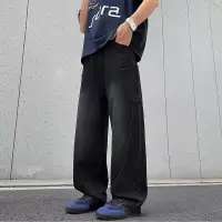 拖地裤灯笼牛仔裤男宽松直筒港风男士牛仔裤百搭松紧腰水洗长裤子