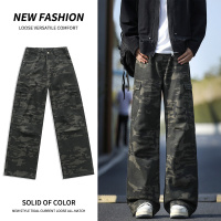 美式cleanfit微喇迷彩牛仔裤子阔腿显高男女款设计感多口袋工装裤