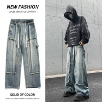 花边男士牛仔裤宽松直筒港风牛仔裤男百搭多色松紧学生拖地裤潮牌