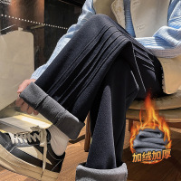 阔腿裤男美式复古高街秋冬季加绒加厚黑色抽绳针织休闲宽松直筒裤
