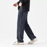 高端重磅复古秋冬男士牛仔裤立体剪裁男士宽松直筒拖地保暖长裤男