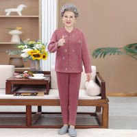 中年人冬装女奶奶保暖内衣套装加厚妈妈加绒开衫套装两件套睡衣