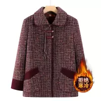 妈妈冬装上衣翻领加绒加厚高贵中老年女装洋气新款毛呢外套50多岁