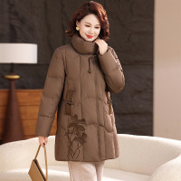 冬新款女士中长款羽绒服典雅刺绣新国风中老年妈妈装90白鸭绒