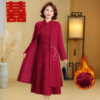 喜婆婆婚宴装冬季加绒中年妈妈连衣裙子两件套中式复古改良旗袍