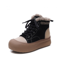 头层牛皮雪地靴女冬季新款复古拼色羊羔毛圆头保暖厚底马丁靴