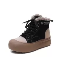 头层牛皮雪地靴女冬季新款复古拼色羊羔毛圆头保暖厚底马丁靴
