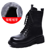头层牛皮马丁靴冬季新款复古百搭加绒保暖粗跟英伦风中筒靴