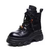 头层牛皮马丁靴女冬季新款复古英伦风厚底粗跟百搭侧拉链靴子