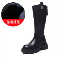 头层牛皮骑士靴女冬季新款加绒保暖复古百搭粗跟长筒马丁靴