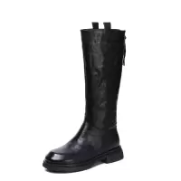 头层牛皮骑士靴女冬季新款复古百搭显瘦粗跟后拉链高筒机车靴