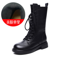 头层牛皮骑士靴女冬季新款复古百搭英伦风粗跟马丁靴加绒棉靴