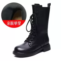 头层牛皮骑士靴女冬季新款复古百搭英伦风粗跟马丁靴加绒棉靴