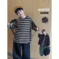 童酷男童冬季新款韩版条纹宝宝上衣兔毛绒柔软加厚儿童T恤潮