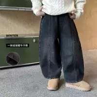 童酷男童冬季新款做旧拼接中小童休闲裤加绒保暖儿童牛仔裤潮