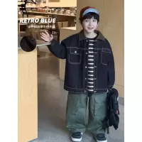 童酷男童冬季新款日系拼色翻领宝宝上衣绗棉加厚牛仔儿童外套