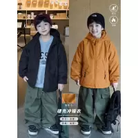 童酷男童冬季新款洋气纯色宝宝冲锋衣加厚连帽防水儿童棉衣潮