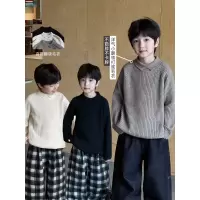 童酷男童冬季新款老钱风翻领宝宝针织衫纯色百搭加厚儿童毛衣