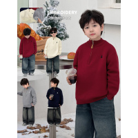 童酷男童冬季新款韩版刺绣宝宝针织衫纯色拉链领宽松儿童毛衣