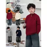 童酷男童冬季新款韩版刺绣宝宝针织衫纯色拉链领宽松儿童毛衣