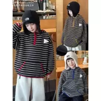 童酷男童冬款时尚贴标中小童外套拼色条纹连帽加厚儿童卫衣潮