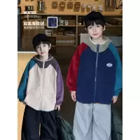 童酷男童冬款时尚贴标拼色连帽上衣双面奥粒绒保暖儿童外套