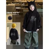 童酷男童冬款立体小角恶魔印花帅气连帽一体绒加厚儿童卫衣潮