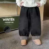 童酷男童冬款韩版做旧宝宝休闲裤条纹脚口一体绒儿童牛仔裤潮