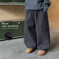 童酷男童冬款韩版毛呢宝宝格子裤拼接加厚一体绒儿童休闲裤潮