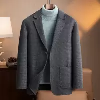 双面呢羊毛西服秋冬新款男士简约修身千鸟格西装休闲羊毛外套男装