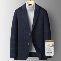 轻奢山羊绒西服男士秋冬季新款蓝格羊毛呢休闲单西装高品质男外套