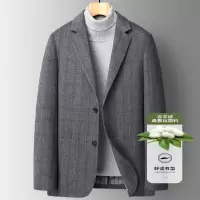 轻奢羊绒桑蚕丝西服男士秋冬新款羊毛呢格子单西装休闲男羊绒外套