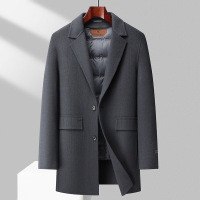 手工缝制秋冬烧花工艺100%羊毛双面尼大衣男士脱卸鹅绒内胆呢大衣