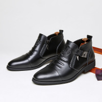 秋冬新款欧美尖头休闲男士短靴压花双拉链商务正装软底马丁靴英伦