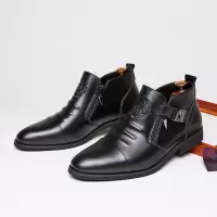 秋冬新款欧美尖头休闲男士短靴压花双拉链商务正装软底马丁靴英伦