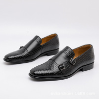 新款商务小方头双边扣孟克鞋皮鞋男休闲皮鞋男士乐福鞋大码