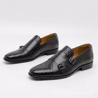 新款商务小方头双边扣孟克鞋皮鞋男休闲皮鞋男士乐福鞋大码