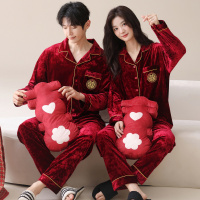 [囍]结婚新婚红情侣套装冬季加绒加厚保暖翻领开衫法兰绒家居服