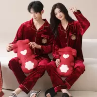 [囍]结婚新婚红情侣套装冬季加绒加厚保暖翻领开衫法兰绒家居服