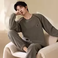 冬季珊瑚绒睡衣男加热保暖家居服套装可外穿圆领套头